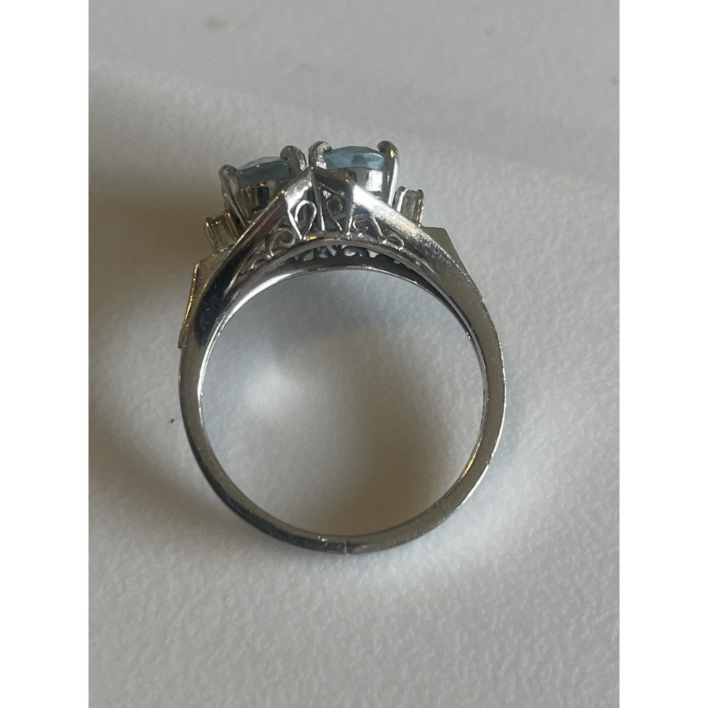 14K White Gold Blue Stone Ring Aquamarine 2 Oval Diamond Accent Vintage Sz 5.5 - Picture 6 of 8